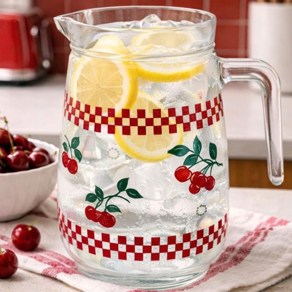 🍒 Vintage KIG Malaysia Cherries & Checkers Glass Pitcher MCM Kitchen Decor